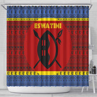 Eswatini Flag Shower Curtain with Traditional Shield Spear and Cultural Pattern Design - Wonder Print Shop