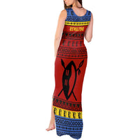 Eswatini Flag Tank Maxi Dress with Traditional Shield Spear and Cultural Pattern Design - Wonder Print Shop