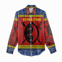 Eswatini Flag Women Casual Shirt with Traditional Shield Spear and Cultural Pattern Design - Wonder Print Shop