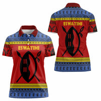 Eswatini Flag Women Polo Shirt with Traditional Shield Spear and Cultural Pattern Design - Wonder Print Shop