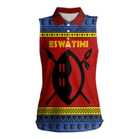 Eswatini Flag Women Sleeveless Polo Shirt with Traditional Shield Spear and Cultural Pattern Design - Wonder Print Shop