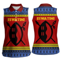 Eswatini Flag Women Sleeveless Polo Shirt with Traditional Shield Spear and Cultural Pattern Design - Wonder Print Shop