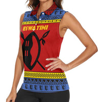 Eswatini Flag Women Sleeveless Polo Shirt with Traditional Shield Spear and Cultural Pattern Design - Wonder Print Shop