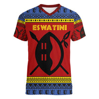 Eswatini Flag Women V-Neck T-Shirt with Traditional Shield Spear and Cultural Pattern Design - Wonder Print Shop