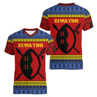 Eswatini Flag Women V-Neck T-Shirt with Traditional Shield Spear and Cultural Pattern Design - Wonder Print Shop