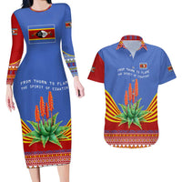 Eswatini Aloe Vera Couples Matching Long Sleeve Bodycon Dress and Hawaiian Shirt with Flag Print and Cultural Motif From Thorn to Flame