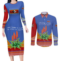 Eswatini Aloe Vera Couples Matching Long Sleeve Bodycon Dress and Long Sleeve Button Shirt with Flag Print and Cultural Motif From Thorn to Flame