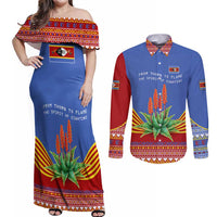 Eswatini Aloe Vera Couples Matching Off Shoulder Maxi Dress and Long Sleeve Button Shirt with Flag Print and Cultural Motif From Thorn to Flame