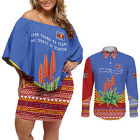 Eswatini Aloe Vera Couples Matching Off Shoulder Short Dress and Long Sleeve Button Shirt with Flag Print and Cultural Motif From Thorn to Flame