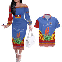 Eswatini Aloe Vera Couples Matching Off The Shoulder Long Sleeve Dress and Hawaiian Shirt with Flag Print and Cultural Motif From Thorn to Flame