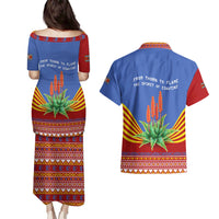 Eswatini Aloe Vera Couples Matching Puletasi and Hawaiian Shirt with Flag Print and Cultural Motif From Thorn to Flame