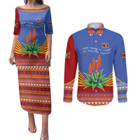 Eswatini Aloe Vera Couples Matching Puletasi and Long Sleeve Button Shirt with Flag Print and Cultural Motif From Thorn to Flame