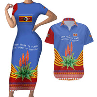 Eswatini Aloe Vera Couples Matching Short Sleeve Bodycon Dress and Hawaiian Shirt with Flag Print and Cultural Motif From Thorn to Flame