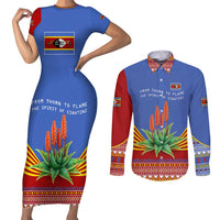 Eswatini Aloe Vera Couples Matching Short Sleeve Bodycon Dress and Long Sleeve Button Shirt with Flag Print and Cultural Motif From Thorn to Flame