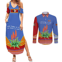 Eswatini Aloe Vera Couples Matching Summer Maxi Dress and Long Sleeve Button Shirt with Flag Print and Cultural Motif From Thorn to Flame