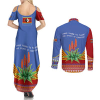 Eswatini Aloe Vera Couples Matching Summer Maxi Dress and Long Sleeve Button Shirt with Flag Print and Cultural Motif From Thorn to Flame