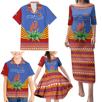 Eswatini Aloe Vera Family Matching Puletasi and Hawaiian Shirt with Flag Print and Cultural Motif From Thorn to Flame