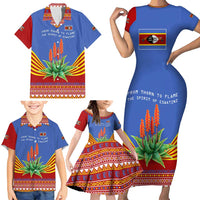 Eswatini Aloe Vera Family Matching Short Sleeve Bodycon Dress and Hawaiian Shirt with Flag Print and Cultural Motif From Thorn to Flame