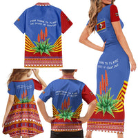 Eswatini Aloe Vera Family Matching Short Sleeve Bodycon Dress and Hawaiian Shirt with Flag Print and Cultural Motif From Thorn to Flame