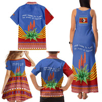 Eswatini Aloe Vera Family Matching Tank Maxi Dress and Hawaiian Shirt with Flag Print and Cultural Motif From Thorn to Flame
