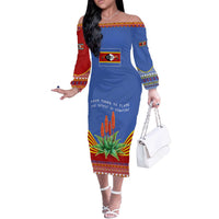Eswatini Aloe Vera Off The Shoulder Long Sleeve Dress with Flag Print and Cultural Motif From Thorn to Flame