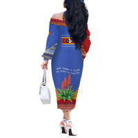 Eswatini Aloe Vera Off The Shoulder Long Sleeve Dress with Flag Print and Cultural Motif From Thorn to Flame