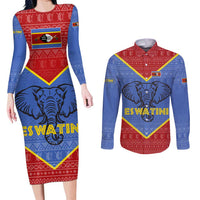 Eswatini Elephant Couples Matching Long Sleeve Bodycon Dress and Long Sleeve Button Shirt with Tribal Print and National Flag Details
