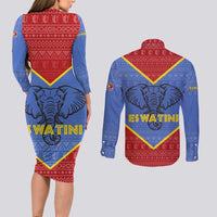 Eswatini Elephant Couples Matching Long Sleeve Bodycon Dress and Long Sleeve Button Shirt with Tribal Print and National Flag Details