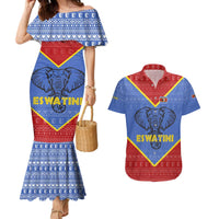 Eswatini Elephant Couples Matching Mermaid Dress and Hawaiian Shirt with Tribal Print and National Flag Details
