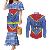 Eswatini Elephant Couples Matching Mermaid Dress and Long Sleeve Button Shirt with Tribal Print and National Flag Details