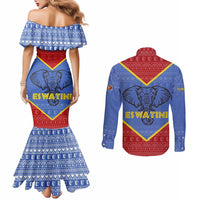 Eswatini Elephant Couples Matching Mermaid Dress and Long Sleeve Button Shirt with Tribal Print and National Flag Details