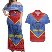 Eswatini Elephant Couples Matching Off Shoulder Maxi Dress and Hawaiian Shirt with Tribal Print and National Flag Details