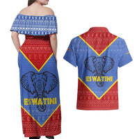 Eswatini Elephant Couples Matching Off Shoulder Maxi Dress and Hawaiian Shirt with Tribal Print and National Flag Details