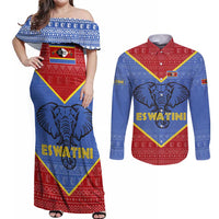 Eswatini Elephant Couples Matching Off Shoulder Maxi Dress and Long Sleeve Button Shirt with Tribal Print and National Flag Details