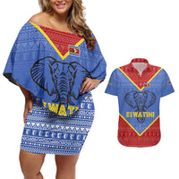Eswatini Elephant Couples Matching Off Shoulder Short Dress and Hawaiian Shirt with Tribal Print and National Flag Details