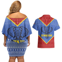 Eswatini Elephant Couples Matching Off Shoulder Short Dress and Hawaiian Shirt with Tribal Print and National Flag Details