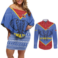Eswatini Elephant Couples Matching Off Shoulder Short Dress and Long Sleeve Button Shirt with Tribal Print and National Flag Details