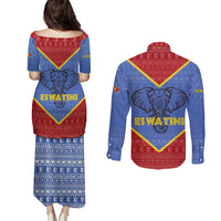 Eswatini Elephant Couples Matching Puletasi and Long Sleeve Button Shirt with Tribal Print and National Flag Details