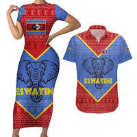 Eswatini Elephant Couples Matching Short Sleeve Bodycon Dress and Hawaiian Shirt with Tribal Print and National Flag Details