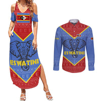 Eswatini Elephant Couples Matching Summer Maxi Dress and Long Sleeve Button Shirt with Tribal Print and National Flag Details