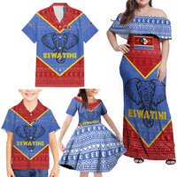Eswatini Elephant Family Matching Off Shoulder Maxi Dress and Hawaiian Shirt with Tribal Print and National Flag Details