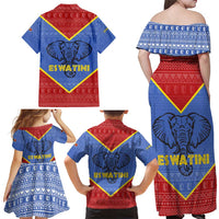 Eswatini Elephant Family Matching Off Shoulder Maxi Dress and Hawaiian Shirt with Tribal Print and National Flag Details