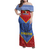 Eswatini Elephant Family Matching Off Shoulder Maxi Dress and Hawaiian Shirt with Tribal Print and National Flag Details