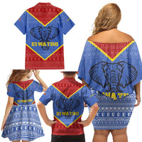 Eswatini Elephant Family Matching Off Shoulder Short Dress and Hawaiian Shirt with Tribal Print and National Flag Details
