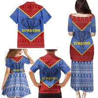 Eswatini Elephant Family Matching Puletasi and Hawaiian Shirt with Tribal Print and National Flag Details