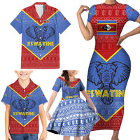 Eswatini Elephant Family Matching Short Sleeve Bodycon Dress and Hawaiian Shirt with Tribal Print and National Flag Details