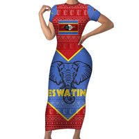 Eswatini Elephant Family Matching Short Sleeve Bodycon Dress and Hawaiian Shirt with Tribal Print and National Flag Details