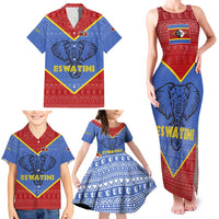 Eswatini Elephant Family Matching Tank Maxi Dress and Hawaiian Shirt with Tribal Print and National Flag Details