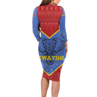 Eswatini Elephant Long Sleeve Bodycon Dress with Tribal Print and National Flag Details