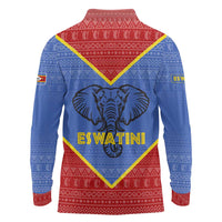Eswatini Elephant Long Sleeve Polo Shirt with Tribal Print and National Flag Details